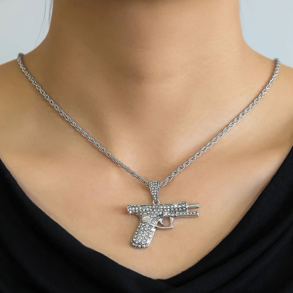 ZAKOL Hiphop&Rock AK47 Rifle&Gun Pendant Necklaces For Men Women Crystal Metal Clavicle Chain Choker Party Daily Jewelry Gifts