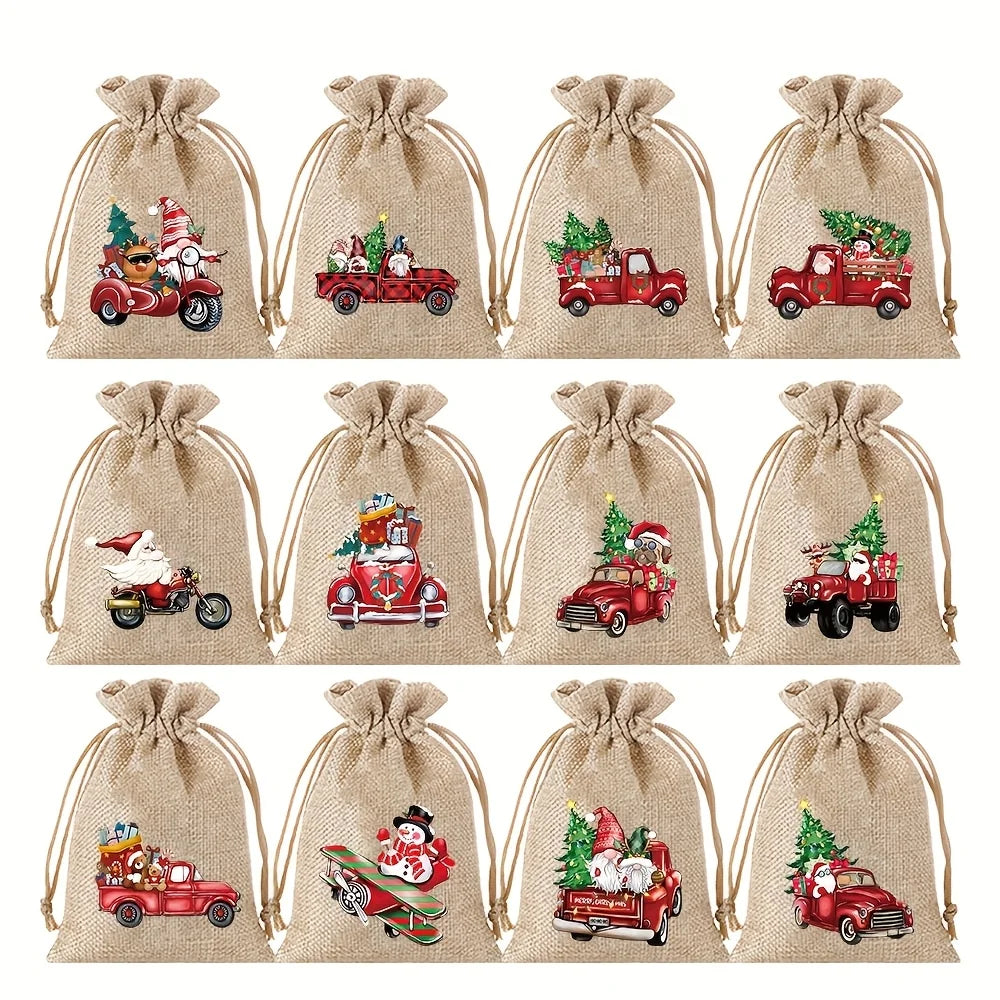 12Pcs Retro Red Truck Christmas Drawstring Pockets, Various Christmas Element Carriers, Painted and Printed Fabric Small Bags