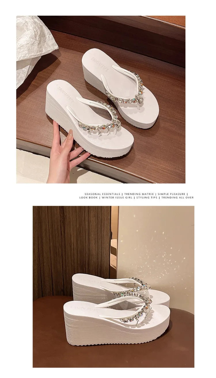 2025 Summer New High-heeled Flip Flops Women's Rhinestone Chain Pendant Thick Bottom Fashionable Clip on Sandals Beach Slippers