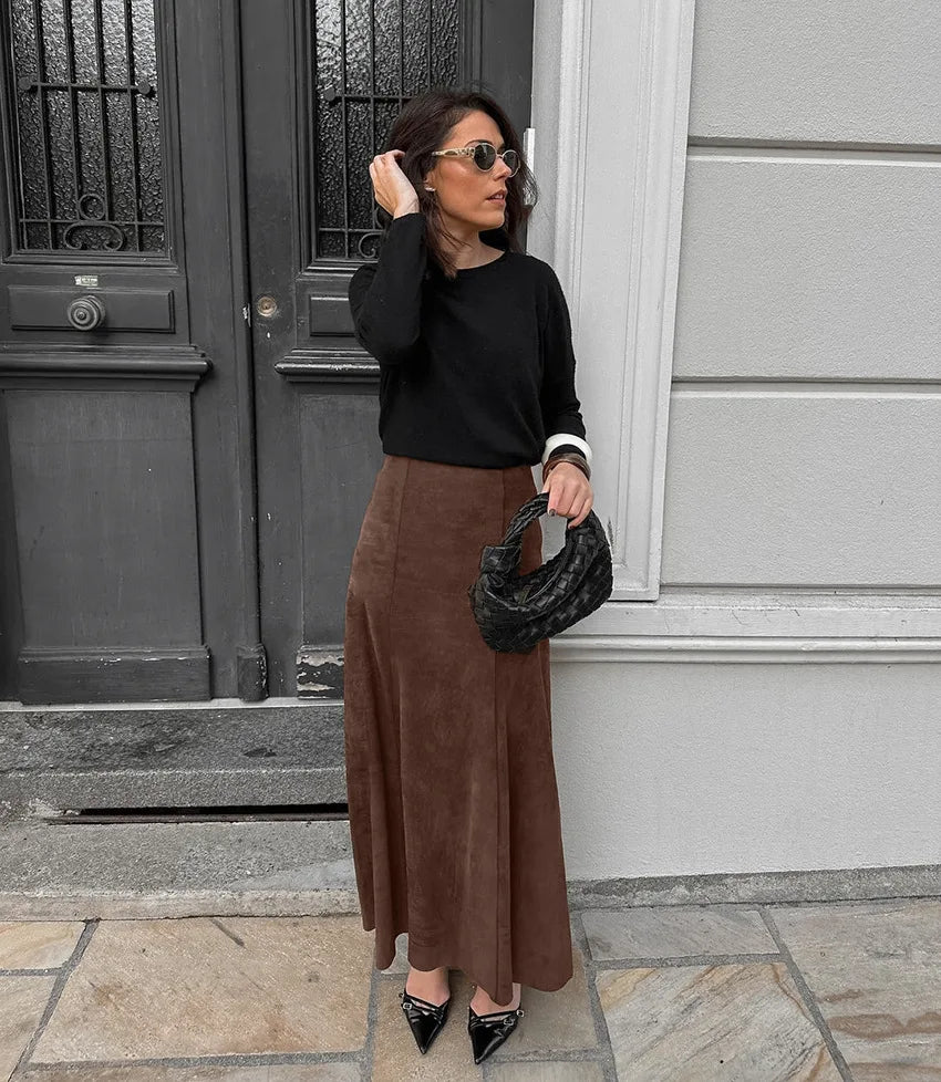 BKLD Autumn And Winter Retro New Fashionable Suede Fabric Brown Slimming High Waist Straight Skirt Casual Long Skirts For Women