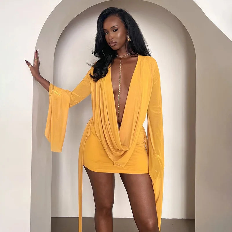 BKLD Solid Color 2026 New Women's Clothing Mesh Swinging Collar Long Sleeve Open Back A-line Short Dresses Party Clubwear