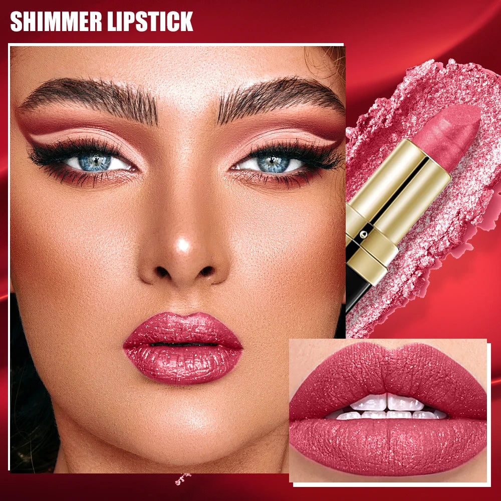 Pearly Glitter Velvet Lipstick,Metallic,Waterproof,Long-lasting,Shimmer,Diamond Lipstick,Glitter Lip Gloss, Lip Cosmetic Makeup