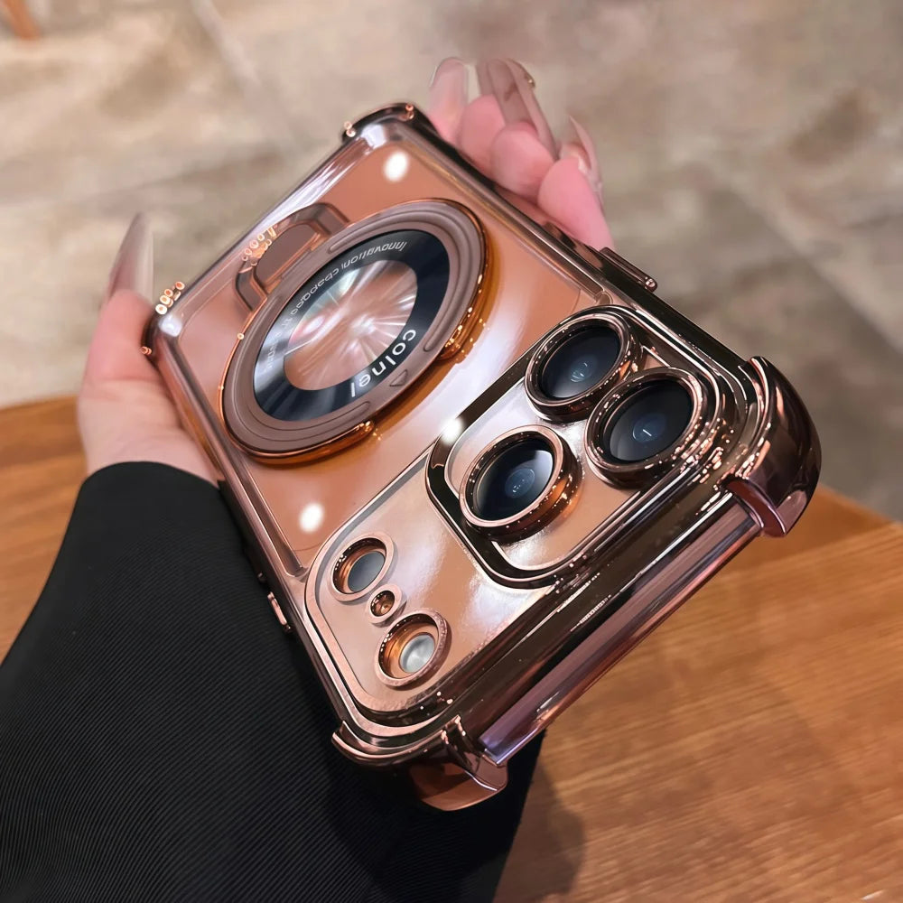 Luxury Plating Magnetic Bracket for Magsafe Clear Case for iPhone 17 16 15 Pro Max 11 12 13 14 Holder Stand Shockproof Cover
