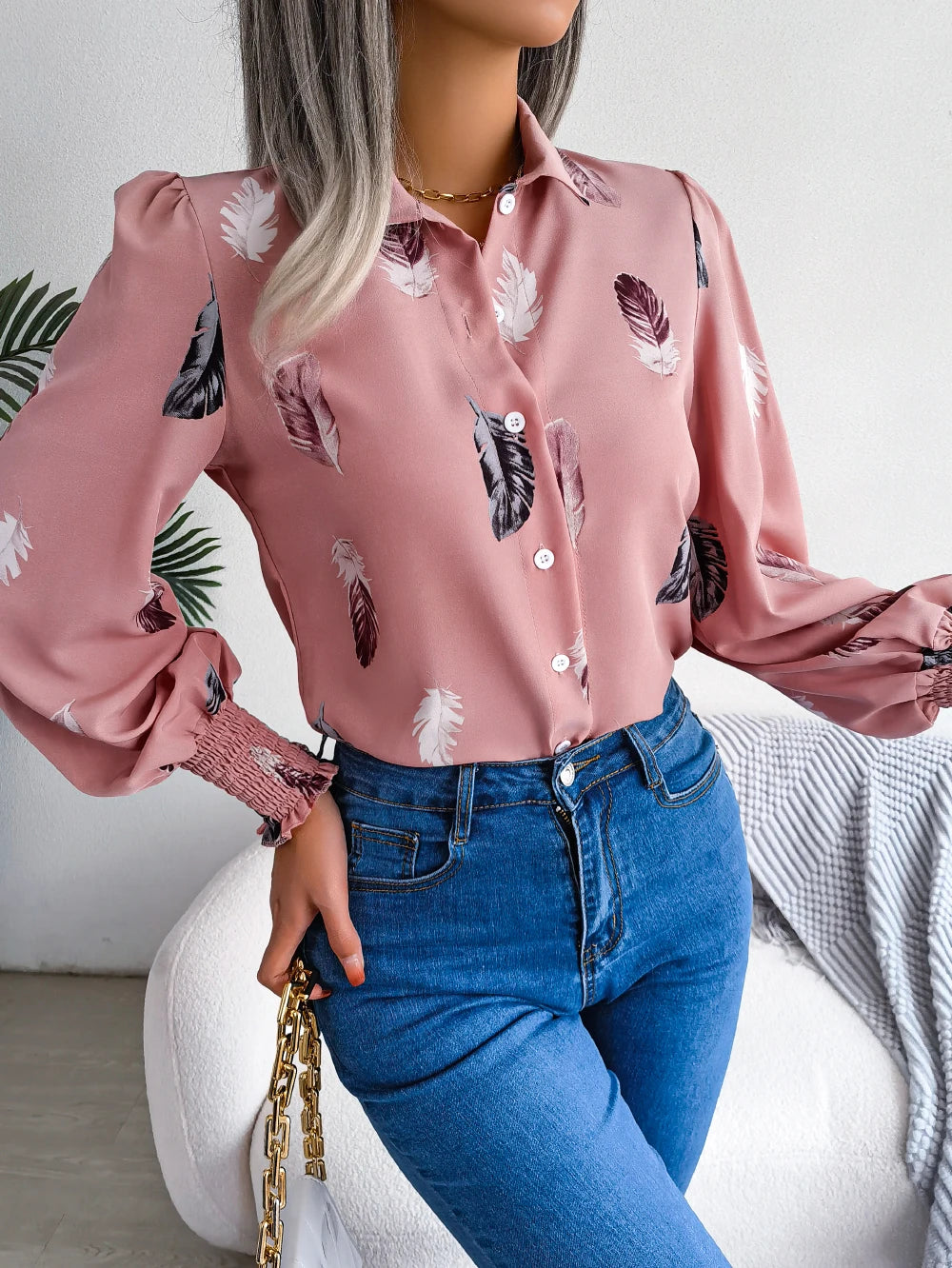 Women's Casual Feather Print Long Sleeve Office Lady Shirts for Autumn Turn Down Collar Buttons Woman Clothing White Pink Blue