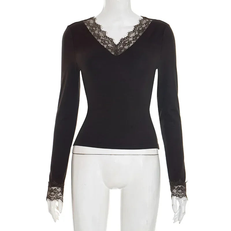 Women Lace Patchwork V Neck Long Sleeve T Shirt Ribbed Slim Fit Basic Undershirt Elegant Lace Trim Cuff Stretch Base Layer Tops