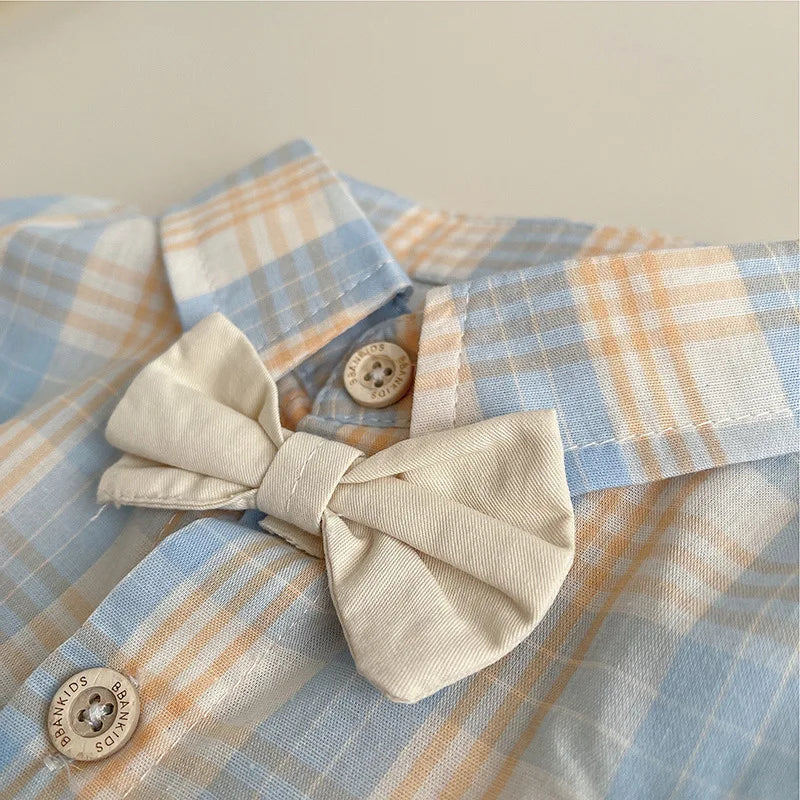 Fashion Summer Baby Boys Girl Clothes Suit Children Grid Bow Tie T-Shirt