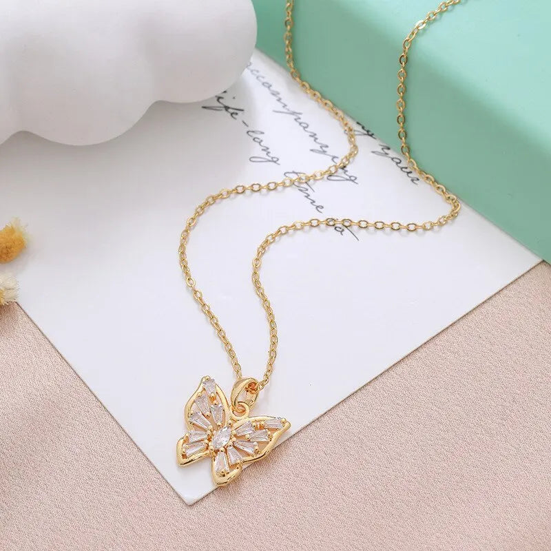 Fantastic Crystal Gold-Color Butterfly Necklace For Women Rhinestone Symmetrical Pendant Accessories Party Jewelry Gifts