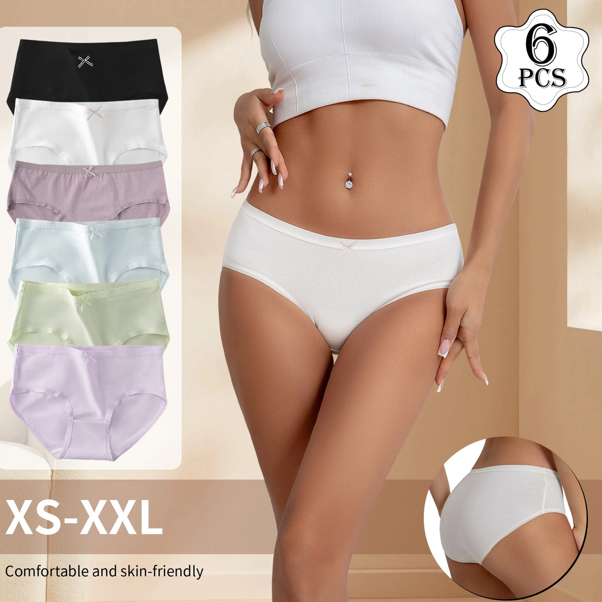 6PCS Women's Underpants Cotton Panties Solid Color Bowknot Design Briefs Simple Comfortable Breathable Female Lingerie Girls