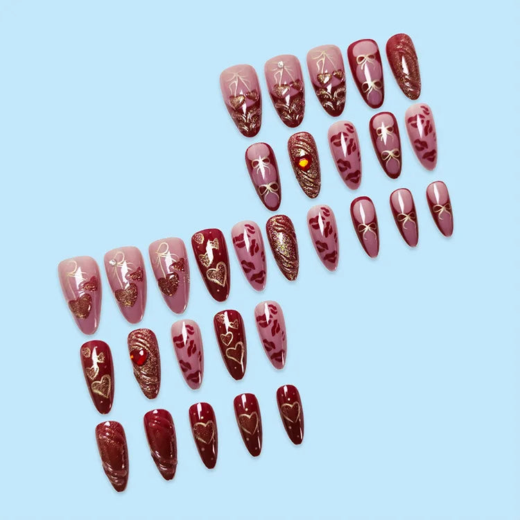 24Pcs Wine Red Almond Bow Heart Designs Press on Nails Glitter Cat Eye Diamond Nail Patch Wearable Elegant Full Cover Nail Tips