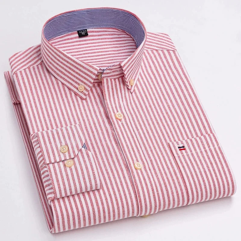 Men Social Shirts Long Sleeve 100% Pure Cotton Oxford Soft Buttoned Plaid Formal Male Clothes Oversized Shirt Plus Size 6XL 7XL