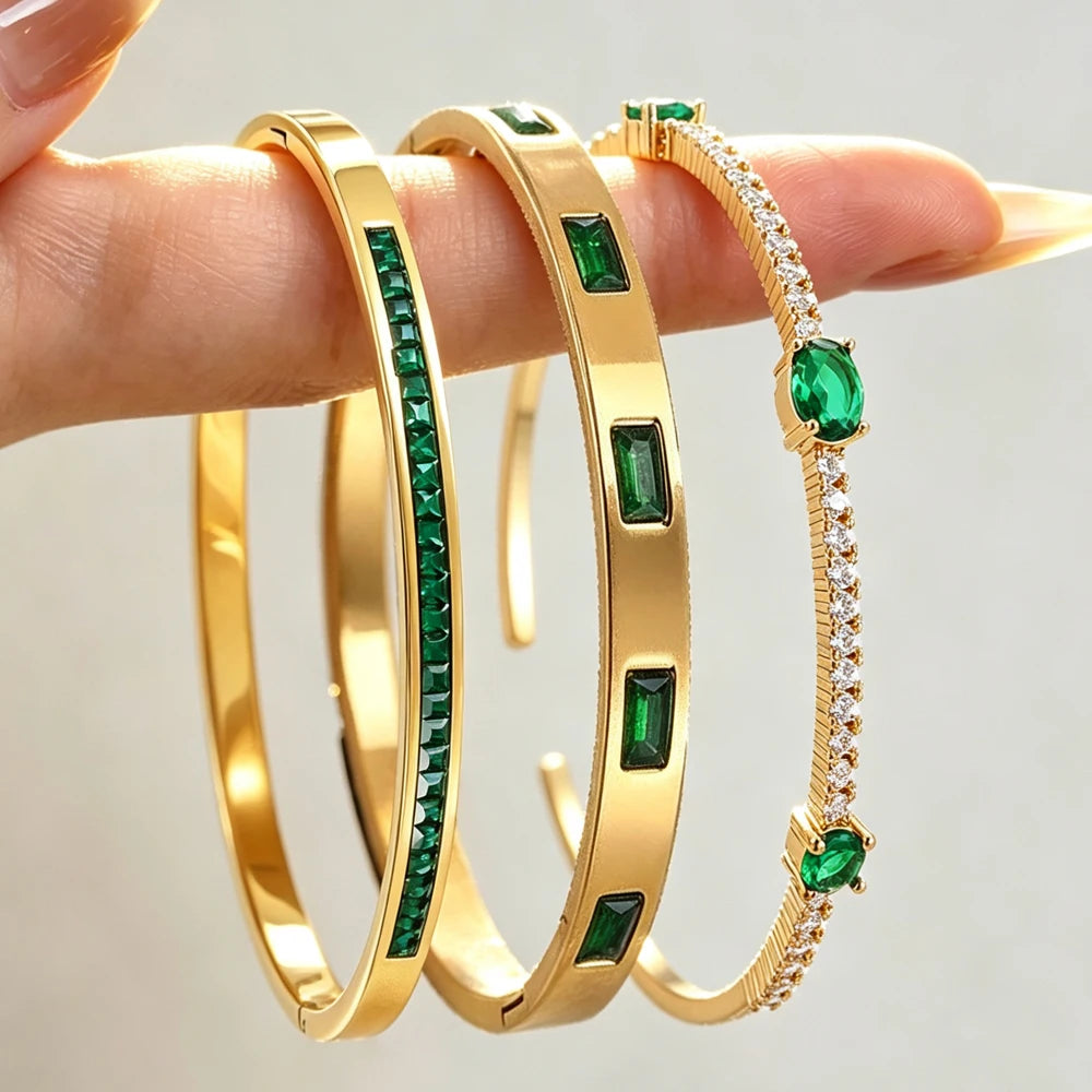 ZAKOL 3 Styles Shiny Green Geometric Zirconia Inlaid Stainless Steel Bracelets for Women Personalized Wedding Party Jewelry