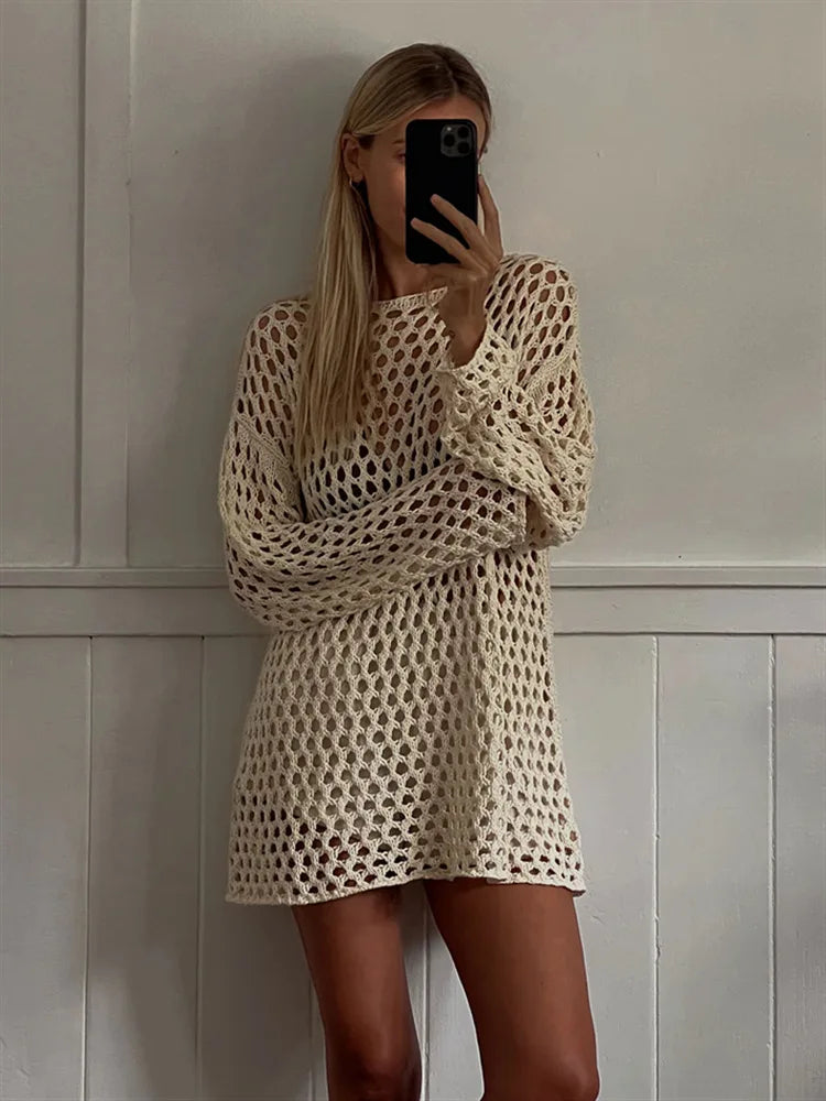 BKLD Sexy Hollow Out Knitted Tops Fashion Solid Color 2026 Summer Beach Vacation Outfits Long Sleeve Cover-Ups Women Clothing