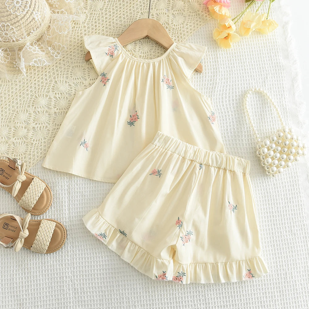 Girls' Summer Fashion Set Children's Flower Print Flying Sleeve Top+Shorts Two Piece Cute Little Girl Refreshing Set
