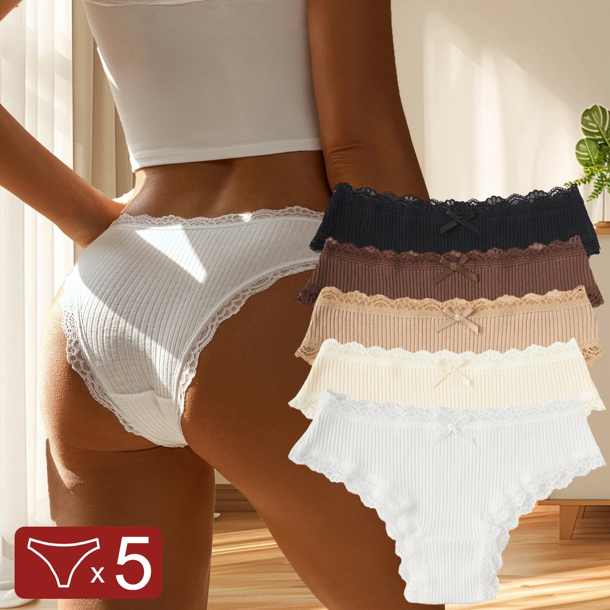 5PCS/Set Solid Colors Women's Underwear Cotton Ribbed Briefs Soft Breathable Panties Lace Trim Sexy Low-Rise Lingerie Everyday