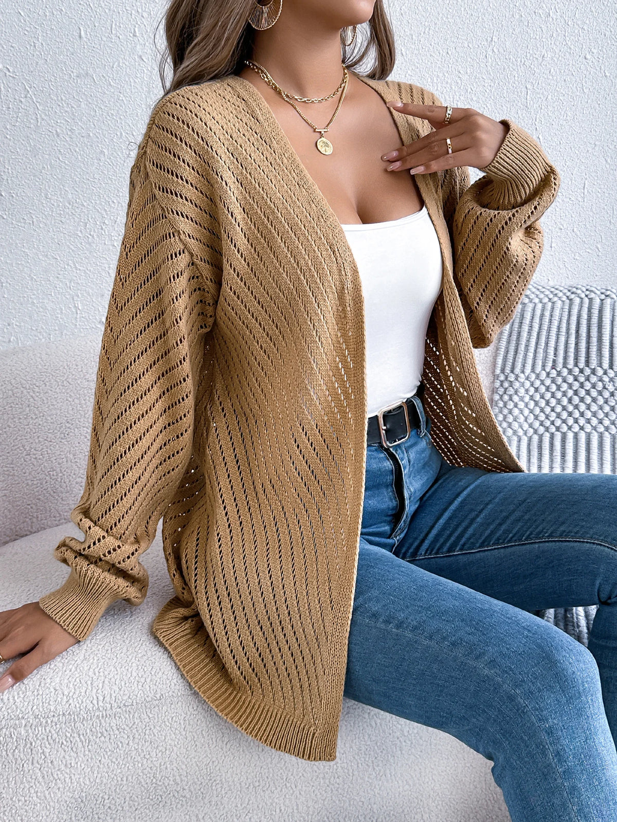 Women Solid Color Knitted Cardigan Sweaters 2026 Autumn Winter Casual Hollow Out Lantern Long Sleeve Coats Khaki White Black