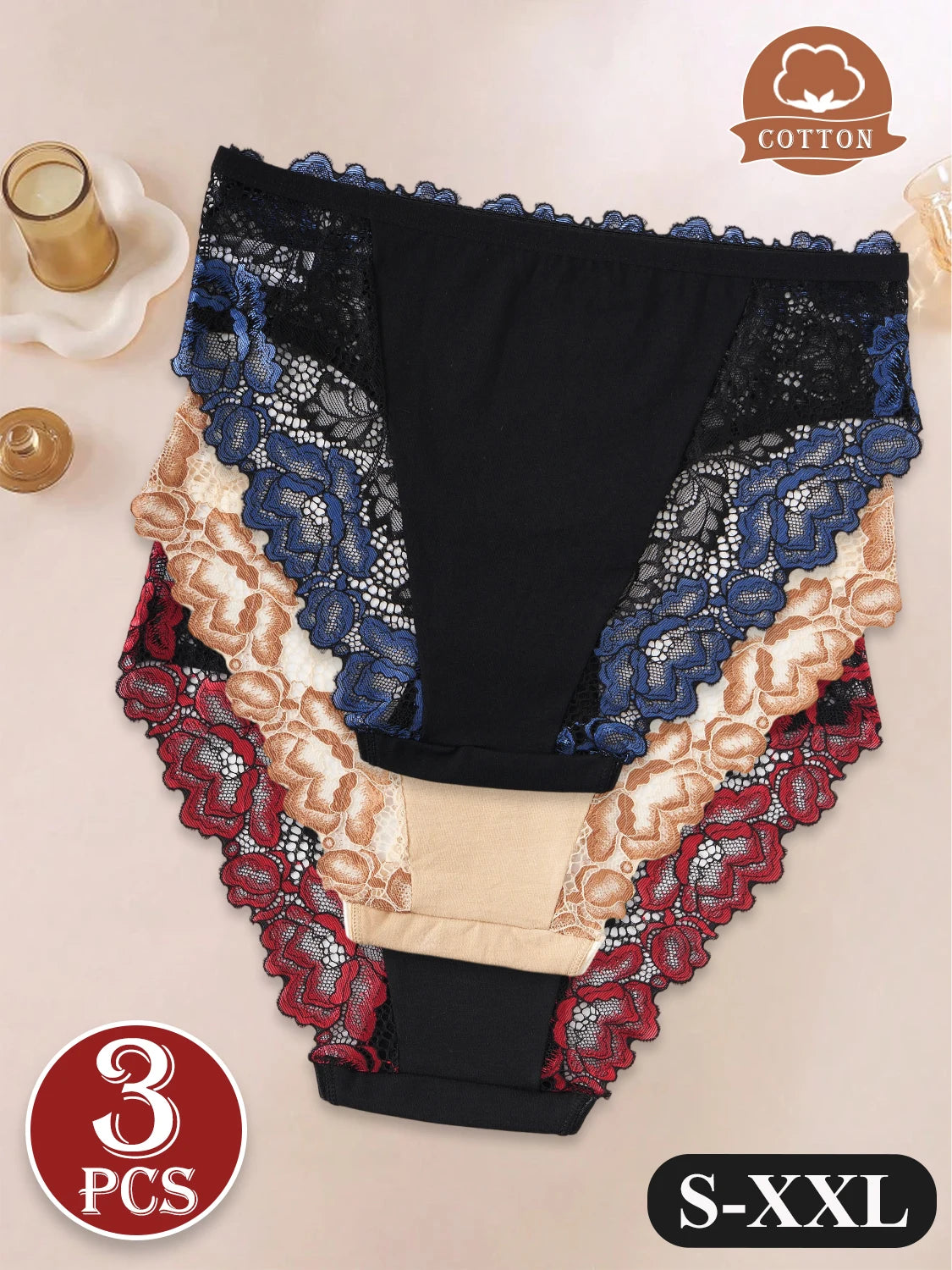 3PCS New Unique Lace Contrast Printed Trim Underwear Comfortable Breathable Women's Panties Hollow Out Sexy Briefs Lingerie