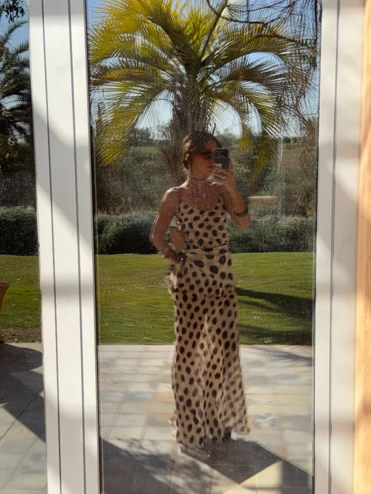 Summer Vacation Sexy Polka Dot Print Sling Maxi Dress Women Elegant Lace-up V-neck Sleeveless Backless Dresses Beach Party Gowns