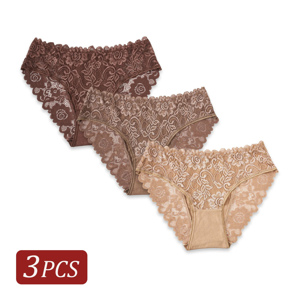3PCS New Cotton Women's Panties Elegant Lace Floral Design Briefs Comfortable Fabric Solid Color Stylish & Breathable Underwear