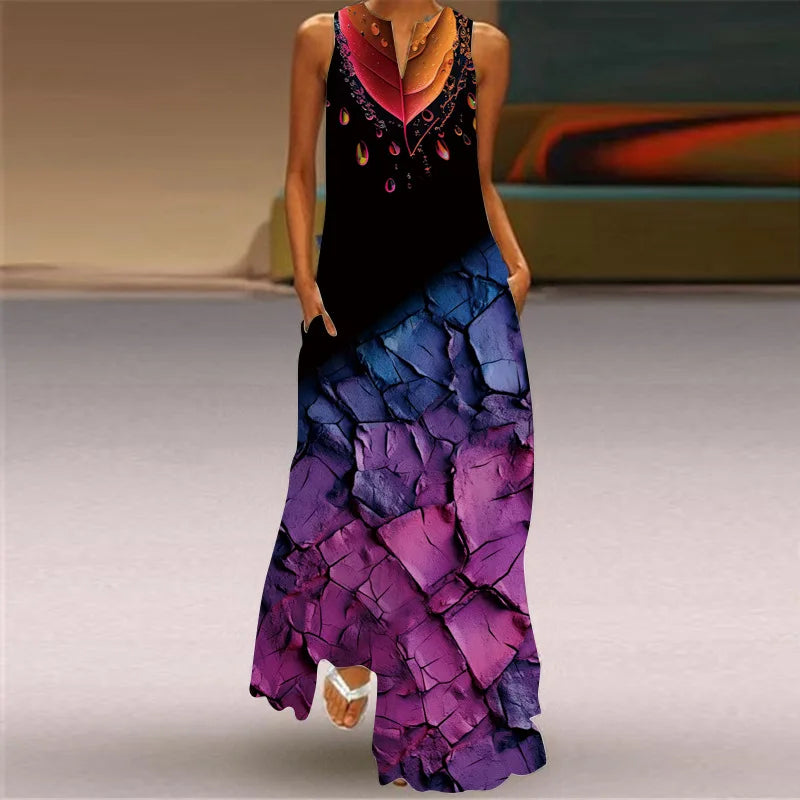 Summer Retro V-Neck Sleeveless Maxi Dress – Loose Artistic Print
