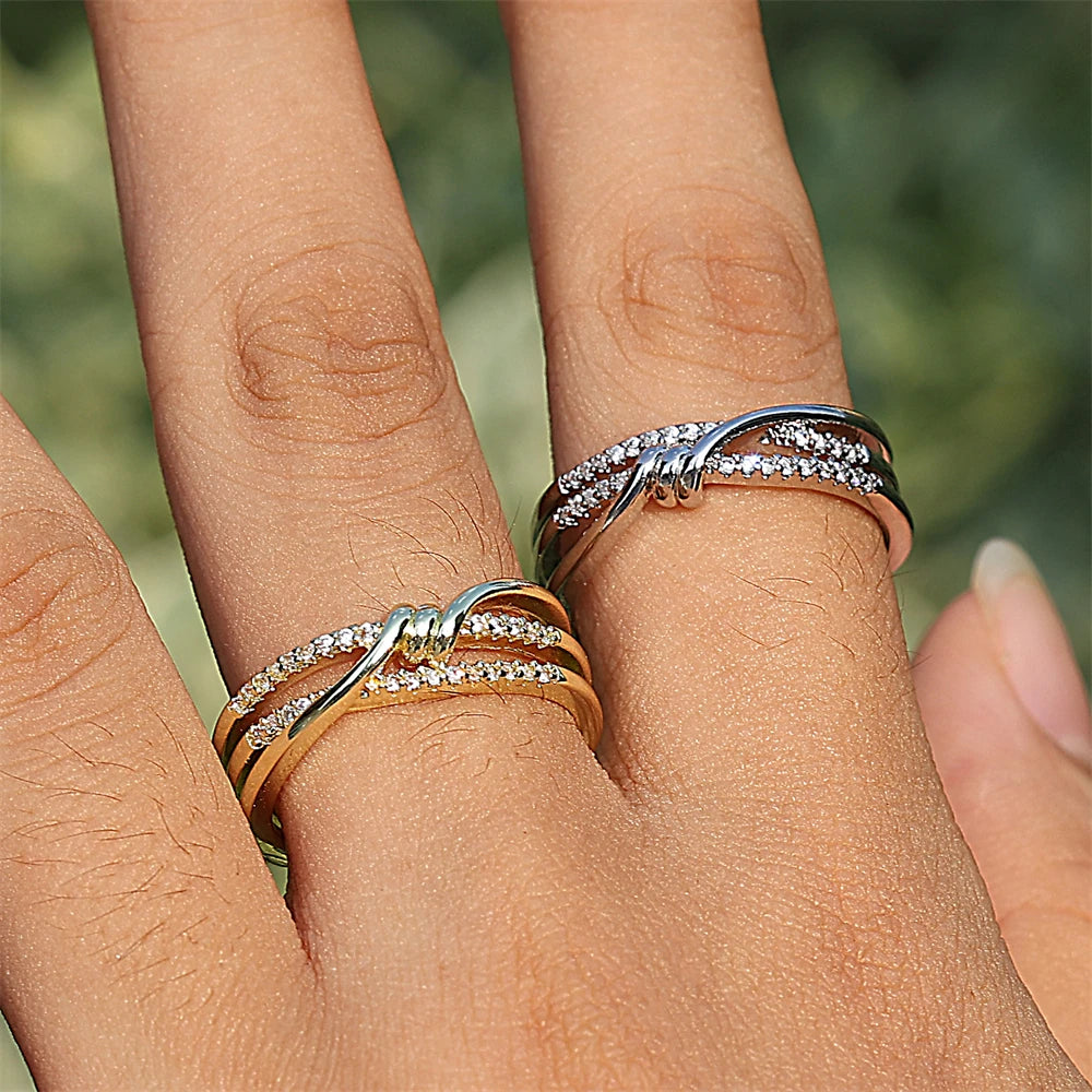 ZAKOL Fashion Double Layers Zircon Rings for Women Gold Color Plated Open Stainless Steel Ring Aesthetic Party Wedding Jewelry