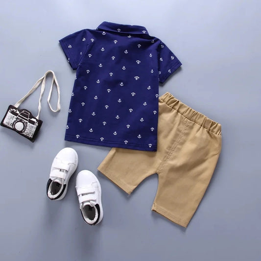 2PCS Baby Set Cute Kids Boys Clothes Summer Random Print Boat Anchor Pattern Short Sleeve Shorts Set For 1-5Years