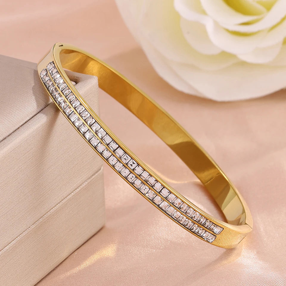 ZAKOL 4pcs Golden Bracelets Set Geometric Square Crystal Zirconia Inlaid Copper Stainless Steel Stackable Bangles Luxury Jewelry