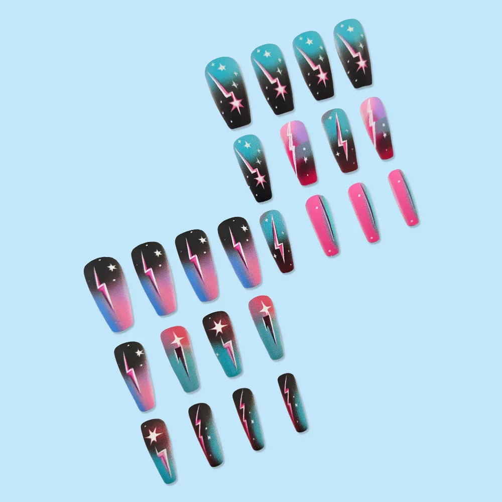 24pcs/set Medium fake nails for women girls gradient green blue cloud star lightning for summer full cover press on false nail