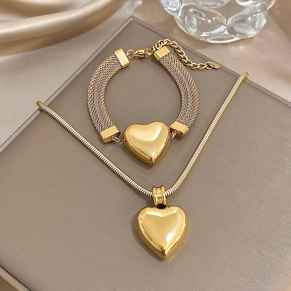 Punk Chunky Women's Set Jewelry Gold Color Thick Chain Heart Pendant Stainless Steel Necklace Bracelets Set Fashion Jewelry