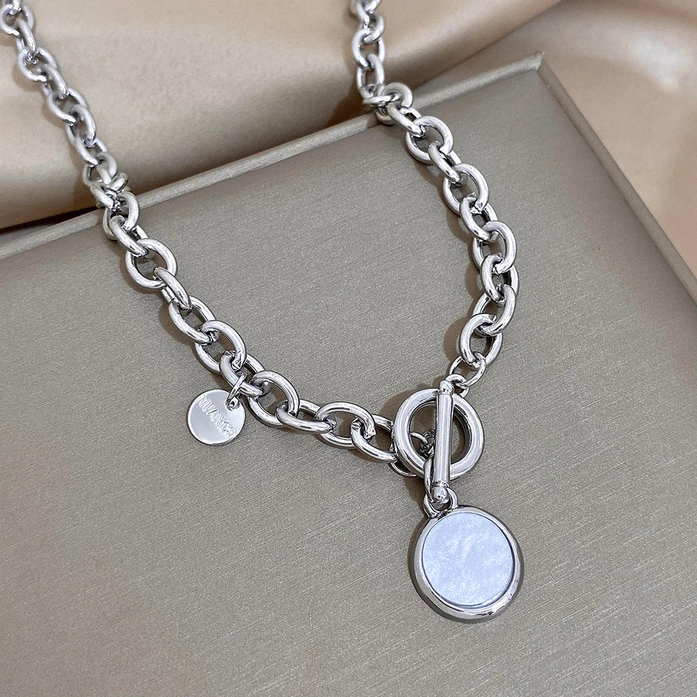 Flashbuy Trendy White Round Pendant Necklace for Women Girls Statement Silver Color Thick Chain Necklace Fashion Jewelry