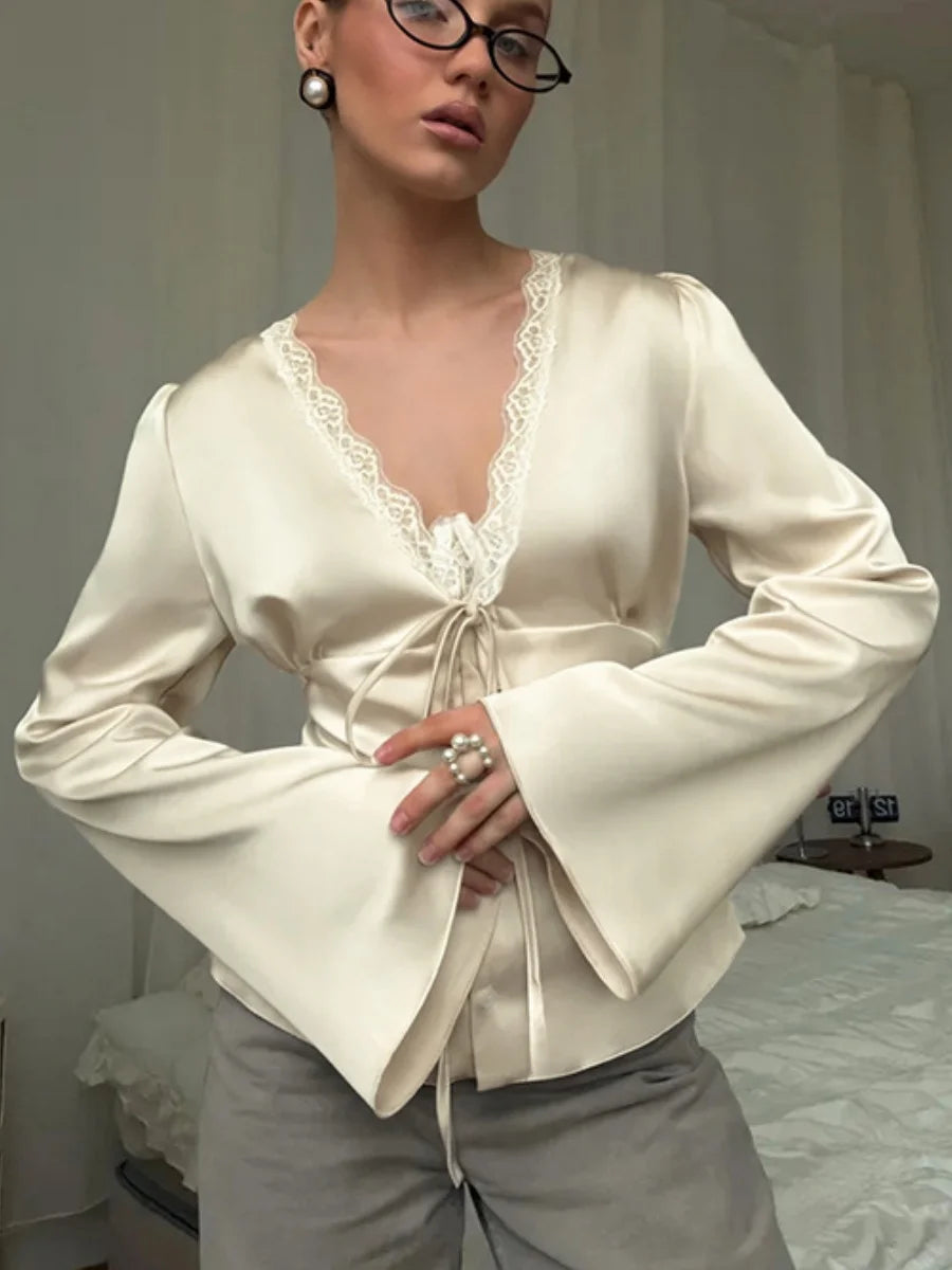 Vintage Lace Patchwork Satin Shirts Women Lace Up Long Sleeve Slim V-Neck Romantic Tops Female Spring Autumn Commute Streetwear