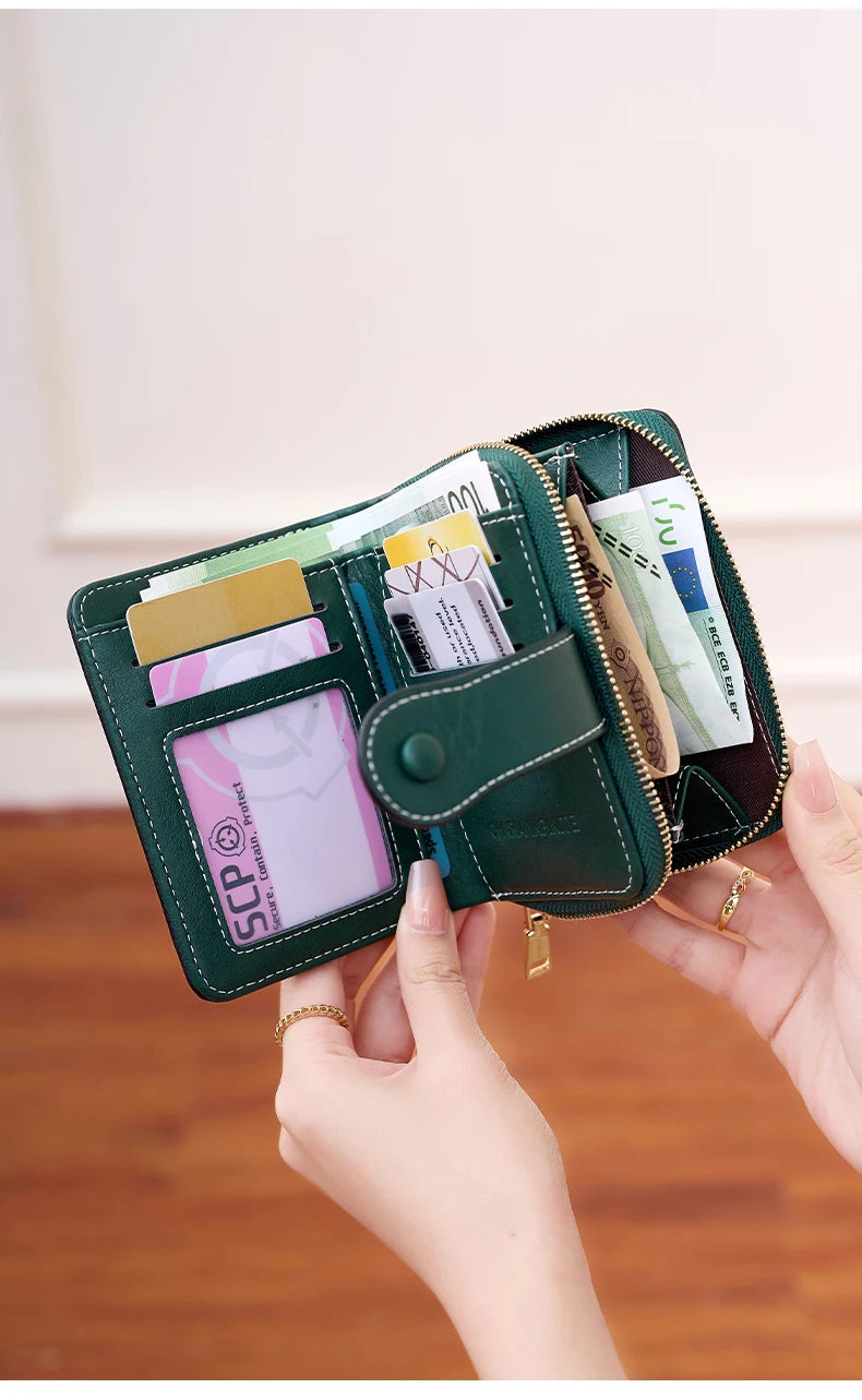 Women's RFID Blocking Wallet Multi-Card Holder Zipper Buckle Short Money Clip Retro Coin Wallet Functional Design