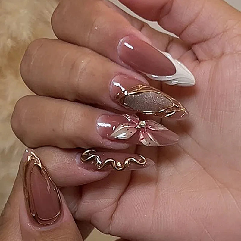 24pcs Flower Pearl Design False Nails Blue Blush Gradient Tips Long Almond Press on Nails Ins Wearable French Fake Nail Manicure