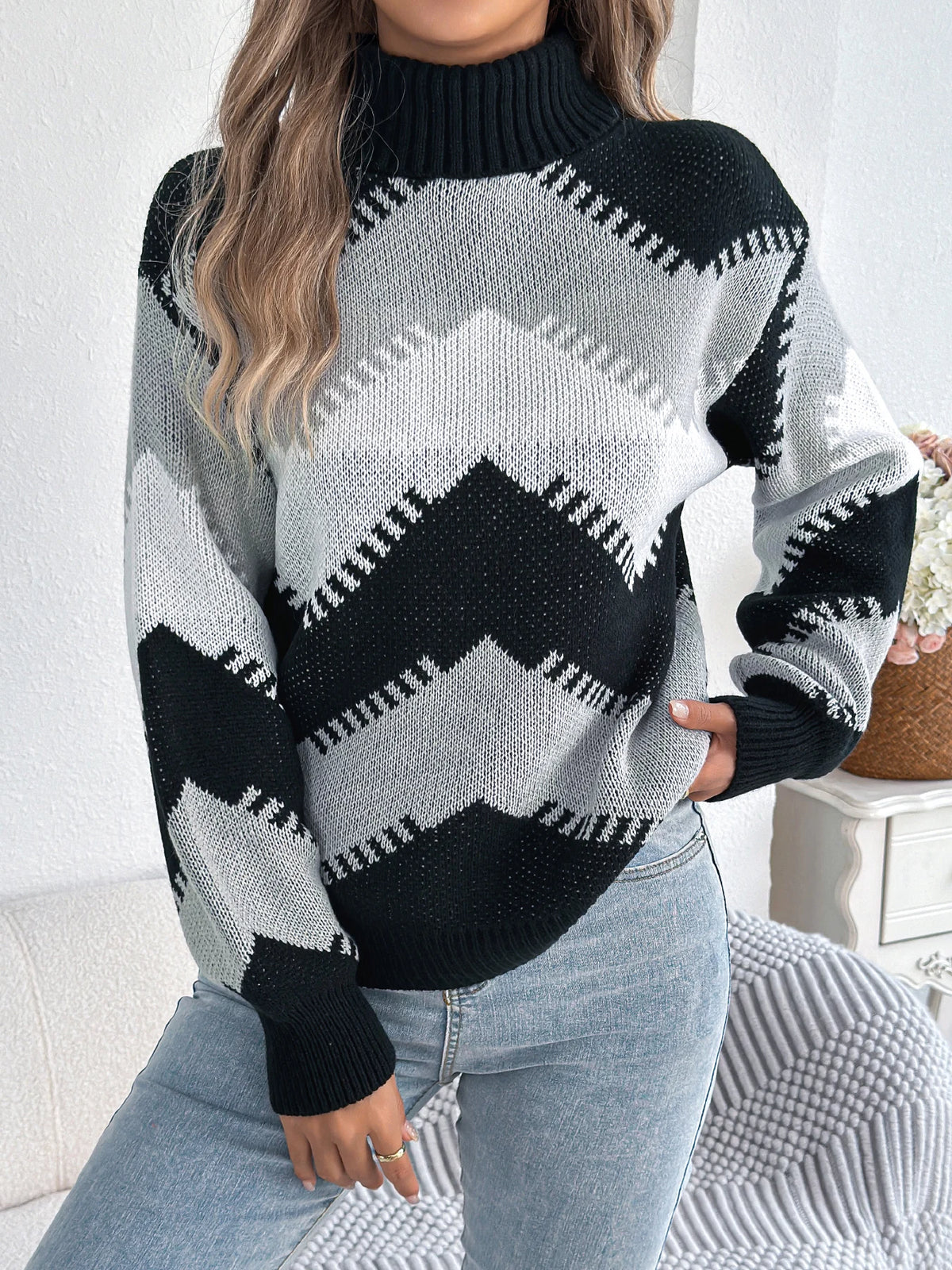 Autumn Winter Casual Turtleneck Color Block Knitted Sweater for Women 2026 Fashion Lantern Long Sleeve Pullover Warm Knitwear