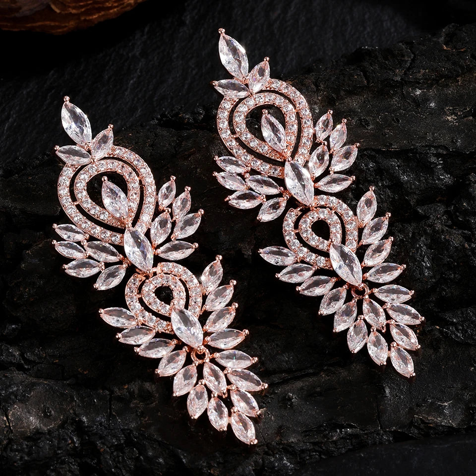 ZAKOL Luxury Leaf Marquise Zircon Long Drop Dangle Earrings Shiny Zirconia Bridal Women's Wedding Party Jewelry Accessories