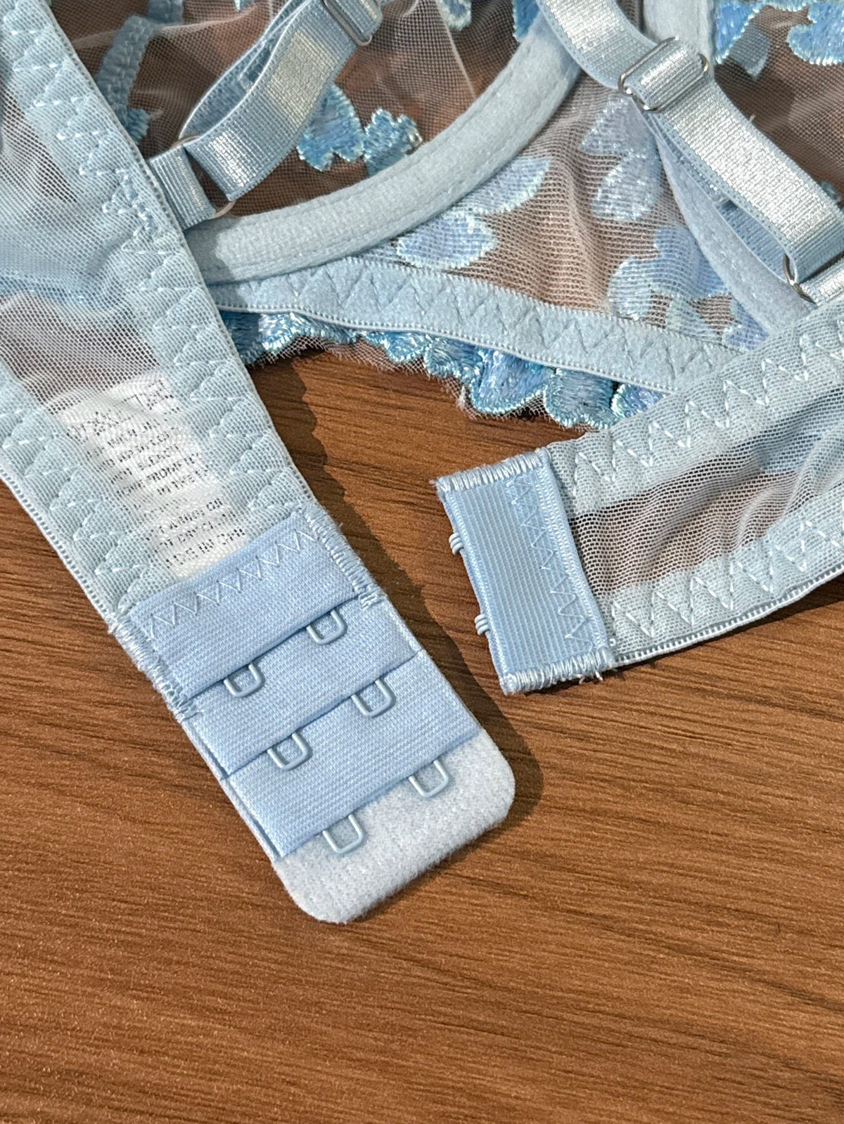 French Romantic Dreamy Light Blue Heart Embroidery Lace Underwear Set with Transparent Mesh Butterfly Knot Shoulder Strap Design