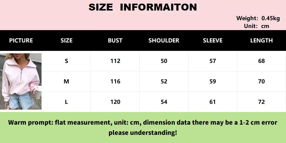 Women's Fashion Pink Pullovers Casual Long Sleeve Loose Half Zip Letter Embroidery Top Autumn Winter Vintage Female Streetwear