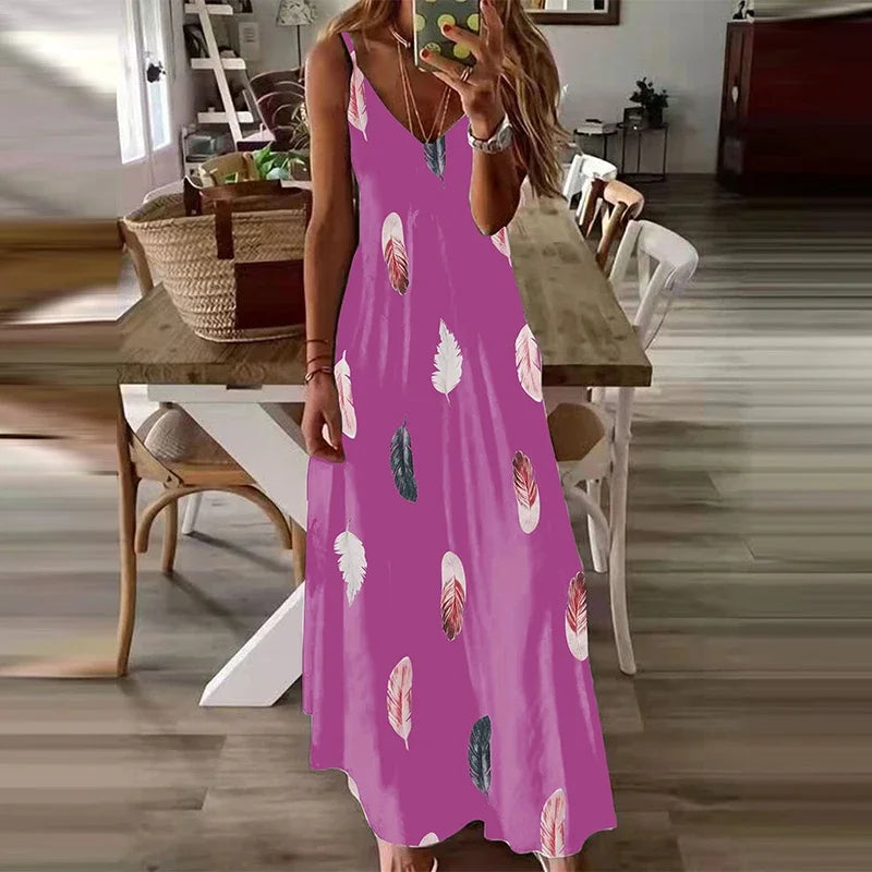 8Colour All-Season Chic Feather Print Maxi Dress Casual V-Neck Comfort Stretch Easy Care