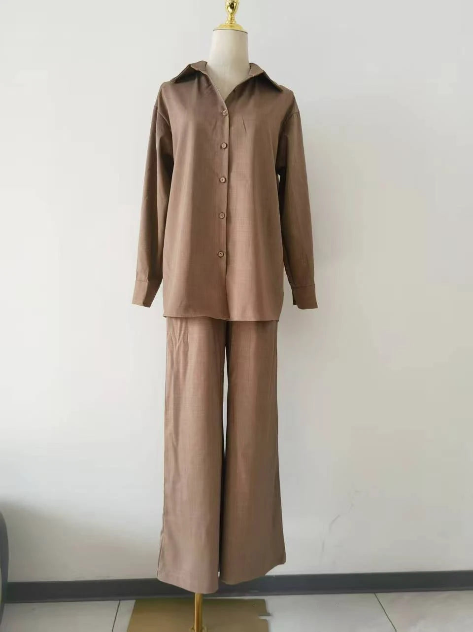 2026 New Women Linen Two Piece Outfit Set Lapel Long Sleeve Button Shirts Elastic Waist Wide Leg Pants Casual Loose Home Suit
