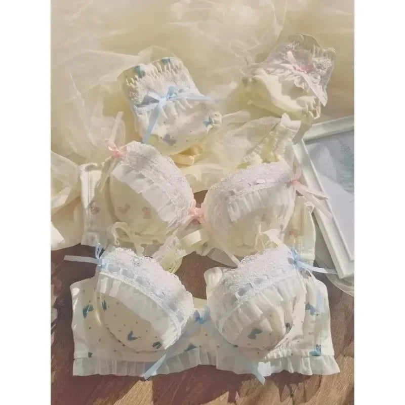 MOYISU Lolita Pure Desire Cute Princess Style Thin Cup Bra Set Printed Cute Bow Bra Comfortable Lace Underwear Goth Underwear