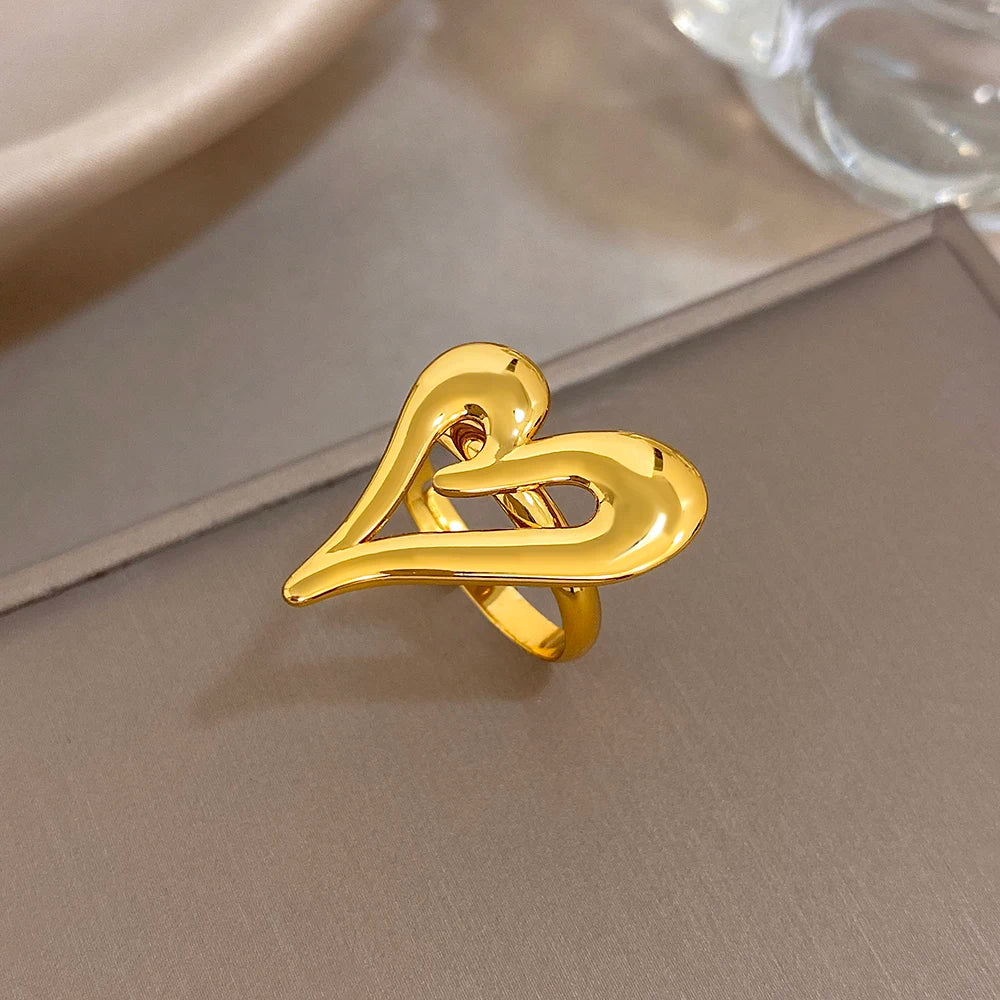 Flashbuy Trendy Gold Color Asymmetric Hollow Heart Stainless Steel Ring For Women Statement Fashion Jewelry Valentine's Day Gift