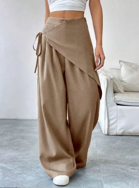Elegant Irregular Suit Pants for Women High Waist Loose Wide Leg Pants Asymmetrical Lace Up Trousers Elastic Waist Casual Pants