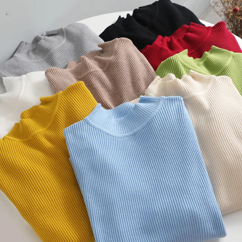 Women's Elegant Knitted Pullover Sweater Vintage Half High Neck Solid Tops Casual Slim Fit Sweaters Autumn Winter Basic Knitwear