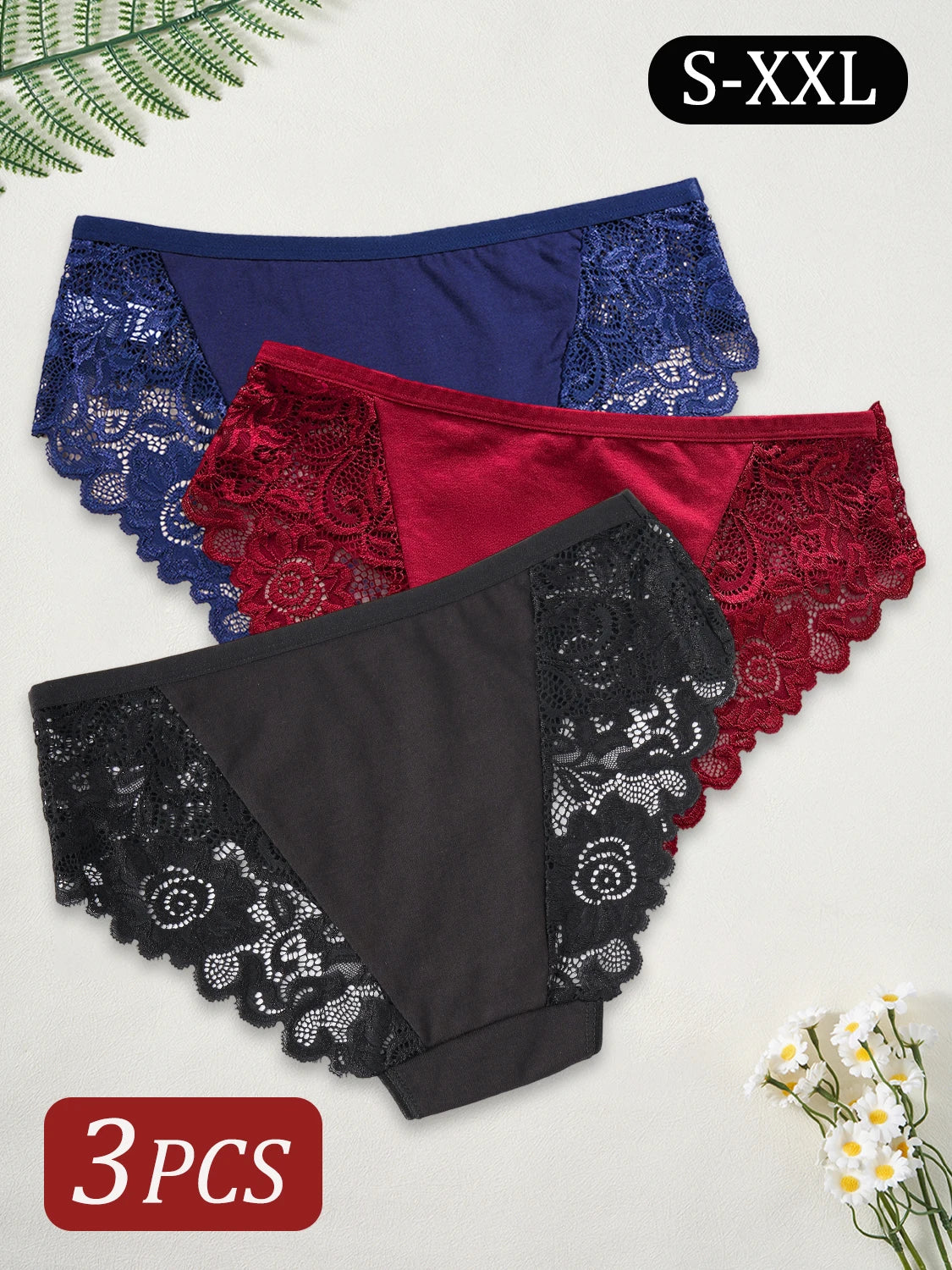 3PCS Elegant Lace Trimmed Lingerie for Women Hollow Out Lace Printed Sexy Briefs Comfort Breathable Mid-Waist Panties Ladies