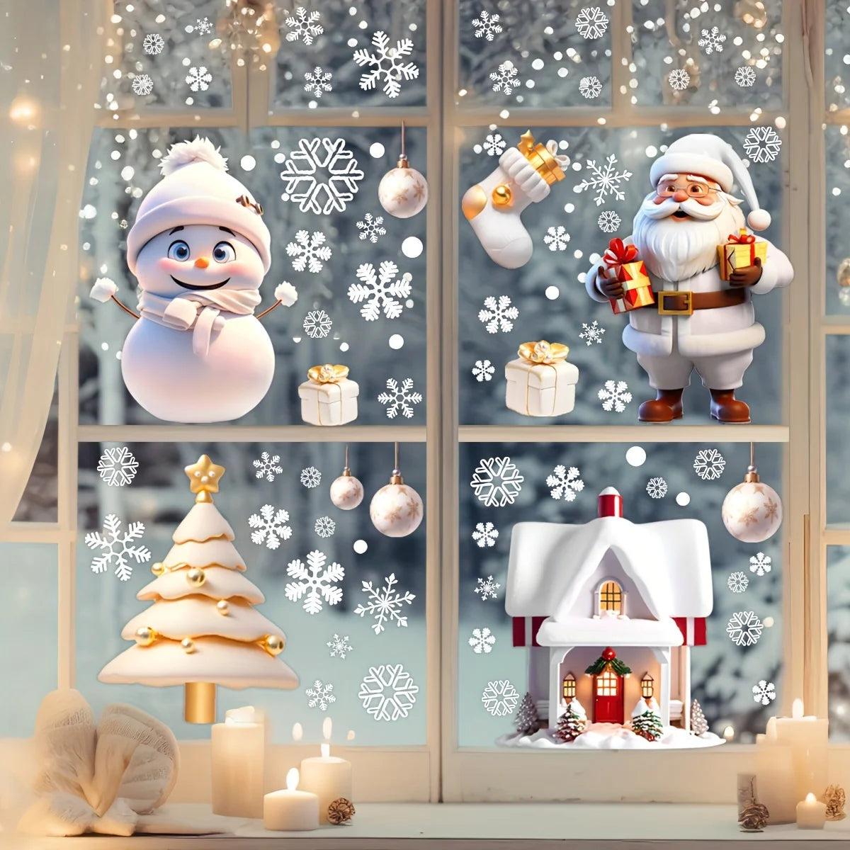 4/8 Sheets 3D Cartoon Christmas Window Clings, Santa Snowman Xmas Tree Gingerbread House & Snowflake Decals, Removable Glass