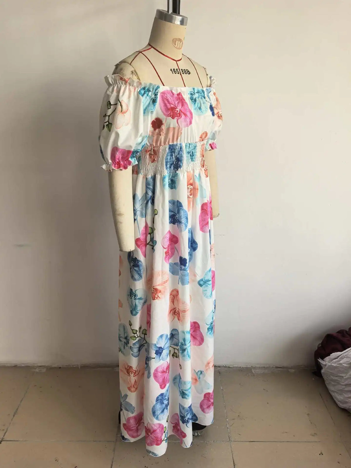 BKLD Women Clothing Summer Floral Print Dress Short Sleeve Square Collar Beach Holiday Outfits Waist Ruched Long Dresses Party