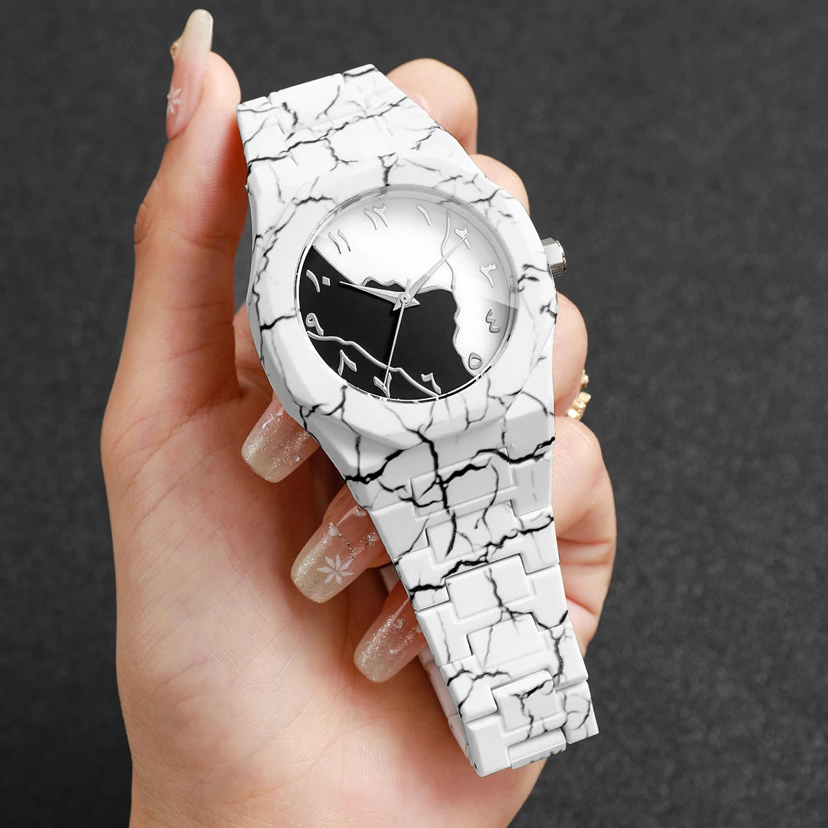 Fashion Marble Texture Men Quartz Watch Casual Arabic Dial Plastic Strap Unisex Wristwatches Relogio Masculino（Without Box）