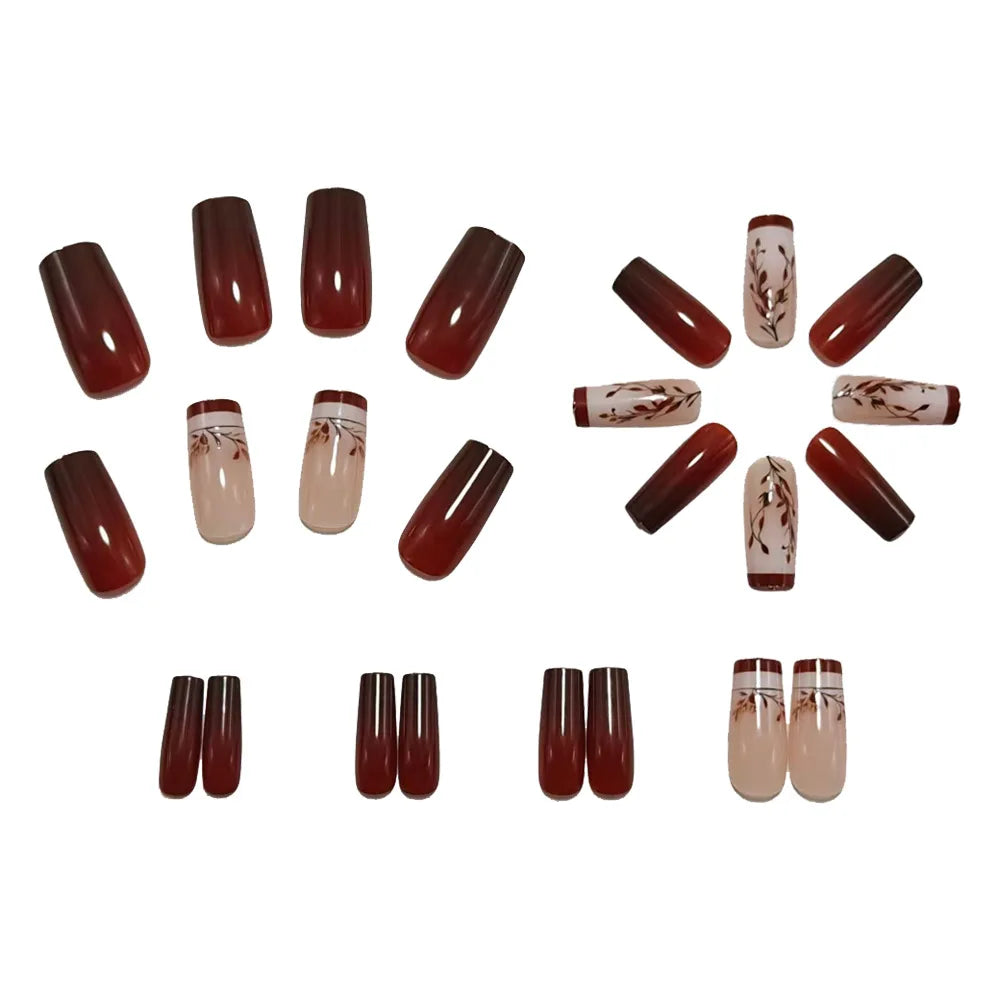 Medium long fake nails for women gilrs gradient brown coffee flora leaf design reusable full over press on Artificial Nails set