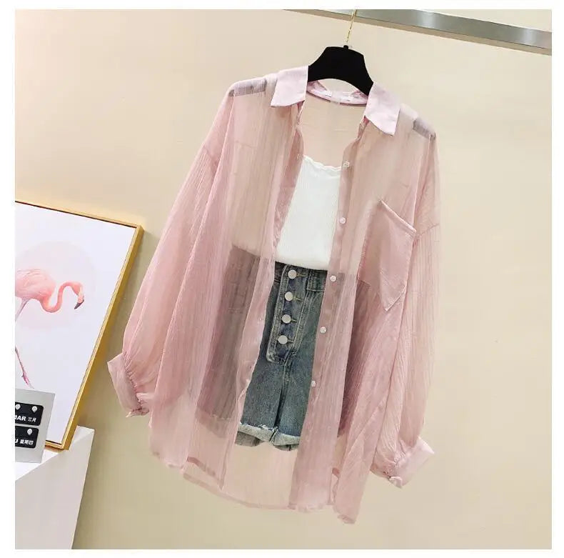 Summer Sunscreen Shirt Elegant Perspective Thin Chiffon Blouse Korean Harajuku See Through Loose Top Casual Women's Cardigan