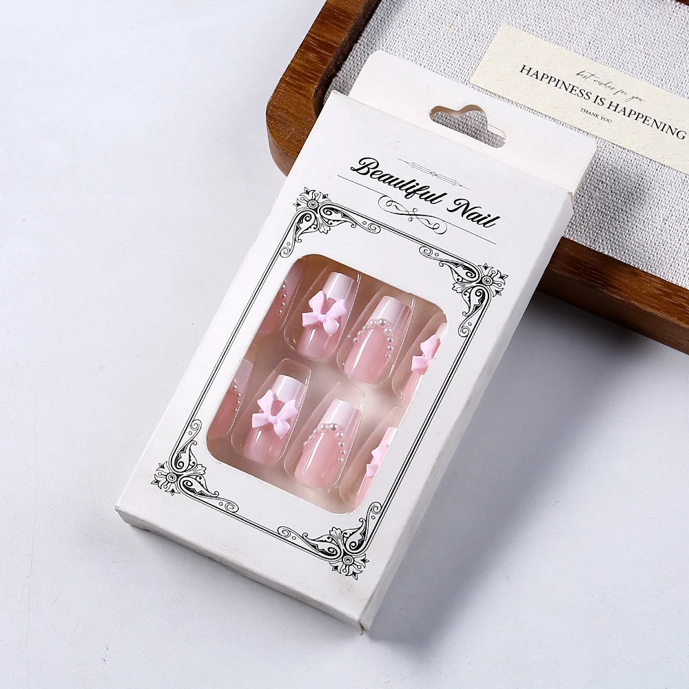 24pc Short Square French Fake Nails with Pearl Bow Acrylic Pink False Nail Wearable Press on Nails Full Cover Nail Tips