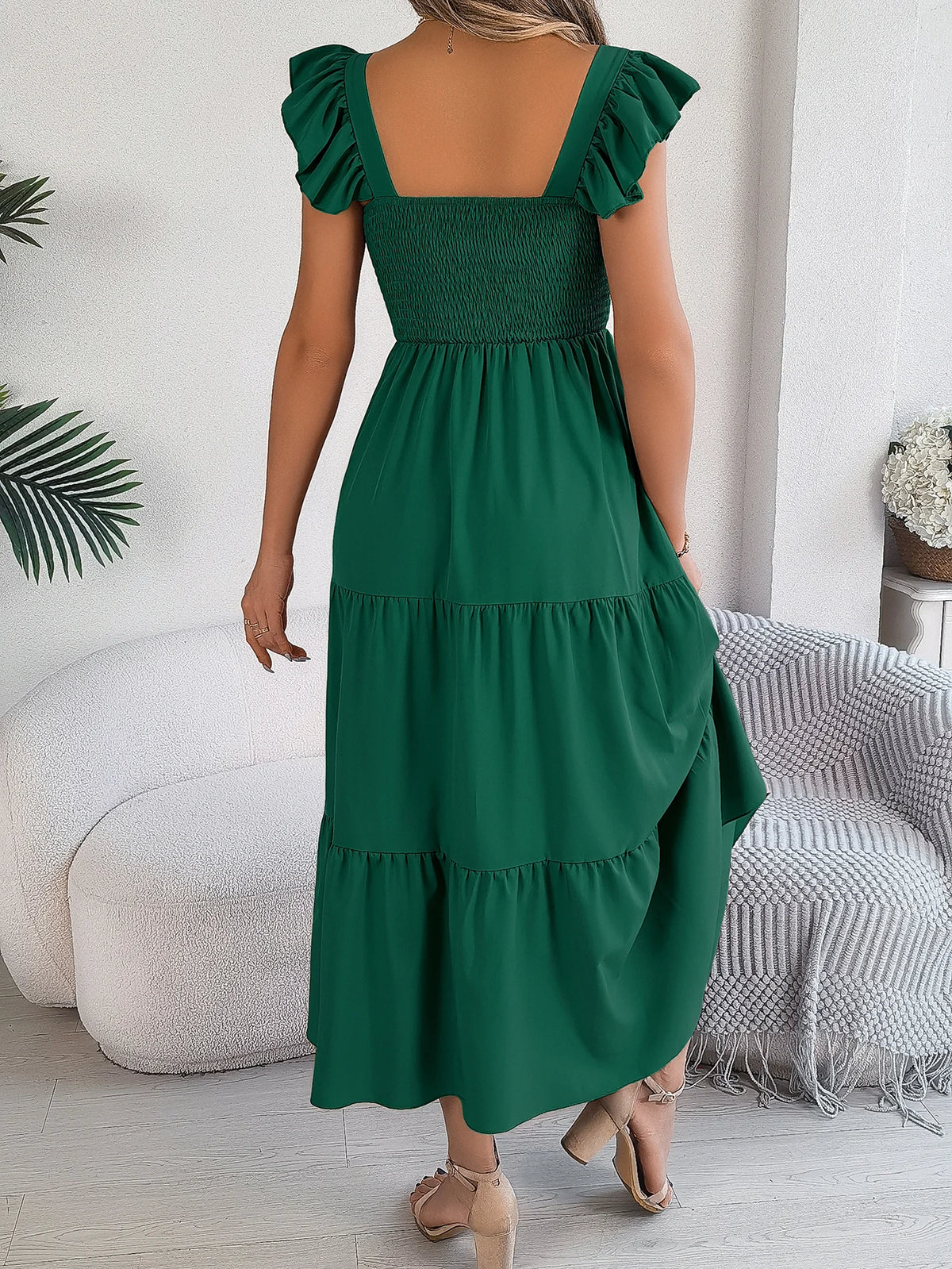 Spring Summer Solid Color Edible Tree Fungus Edge Square Neck Sleeveless Holiday Dress Elegant Long Dresses for Women Rose Blue